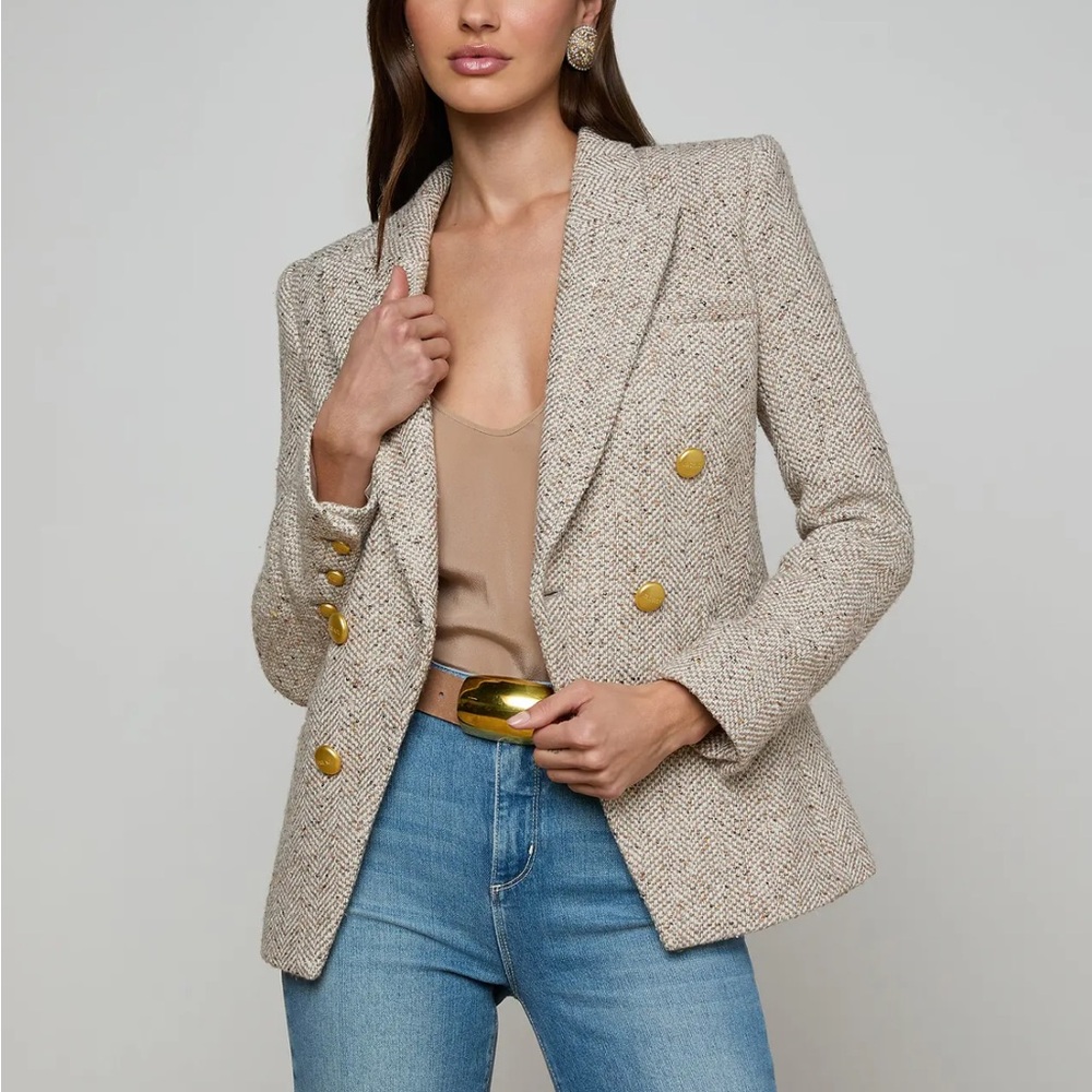 L'AGENCE Beige Tweed Double-Breasted Blazer with Gold Buttons